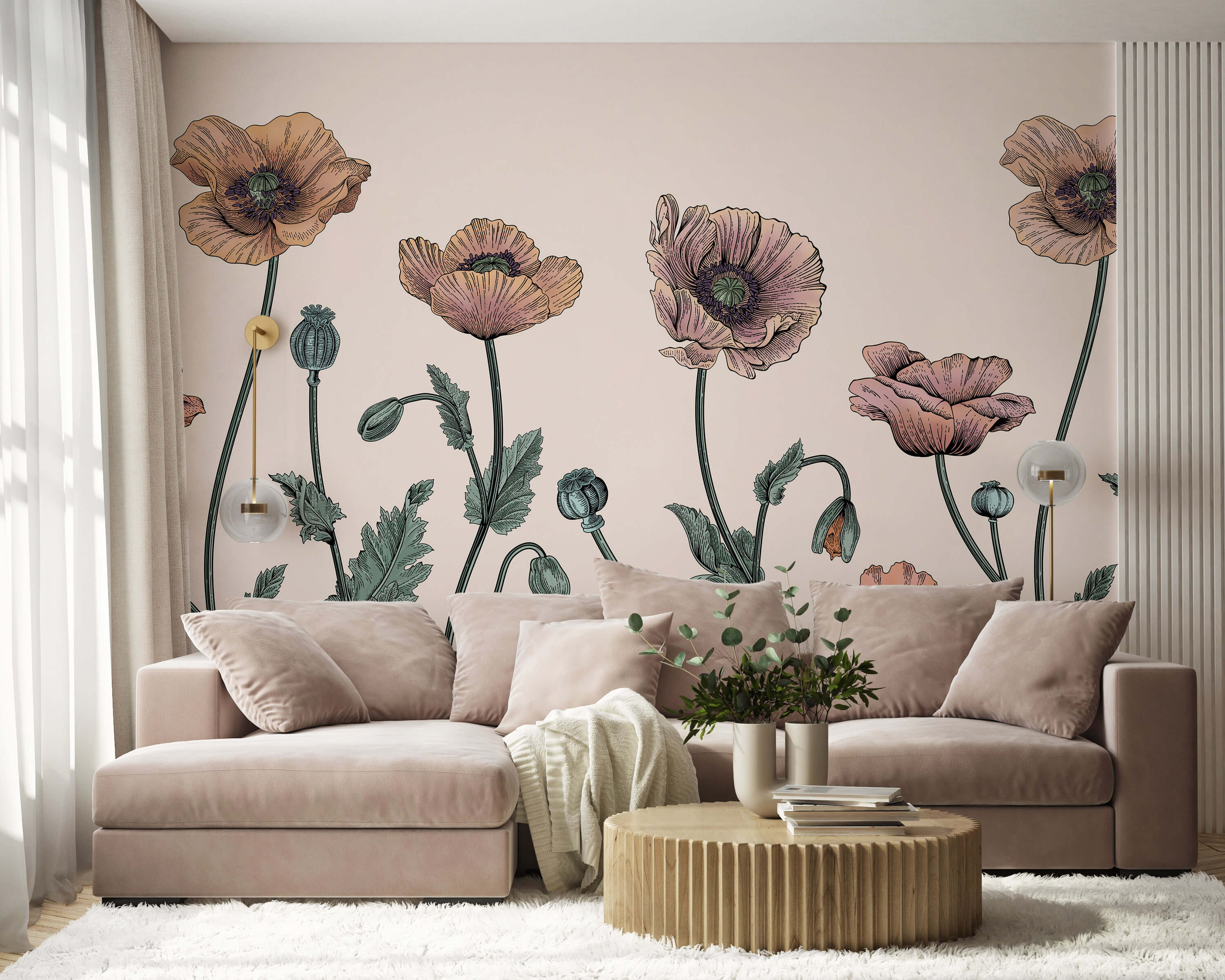 Illustrated Poppies Wallpaper Mural Oversized Floral Mural Bobbi Beck